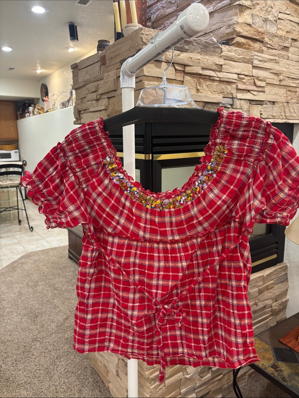 Free People Red Plaid Embroidered Smocked Top - Picture 3 of 4
